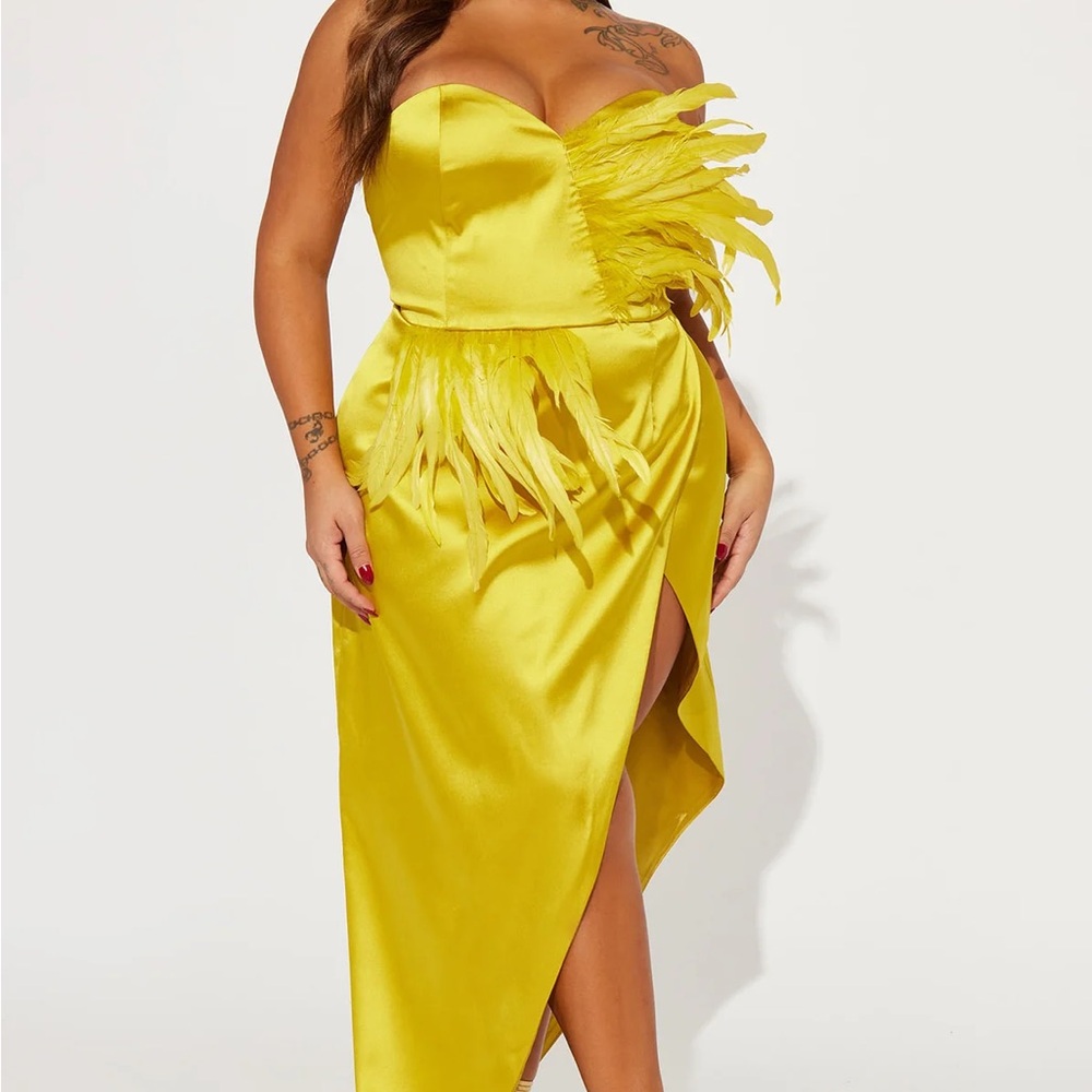 Fashion Nova Strapless Yellow Dress with Feather Accent
